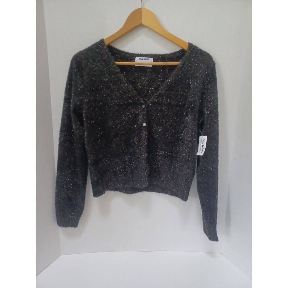 NWT Pointelle-Knit Button‎ Cozy Soft Cardigan Sweater Medium Black Jack Shimmer